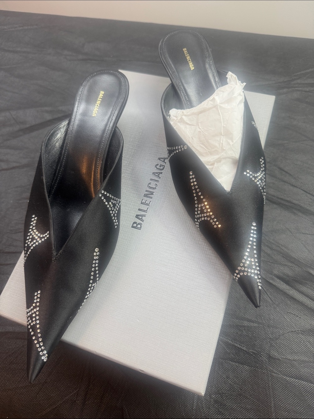 Balenciaga Black Satin Pointed-Toe Crystal-Embellished Mules